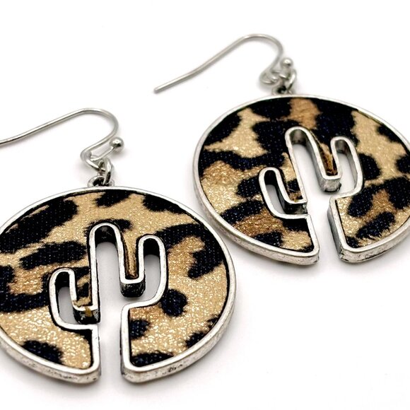 Round Western Leopard Print Animal Print Saguaro Cactus Outline Dangle Earrings - Picture 2 of 5